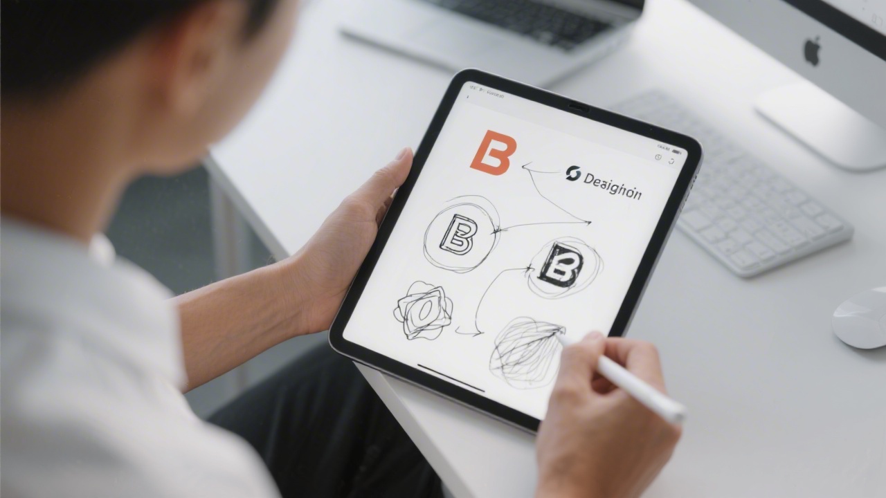 Designer sketching brand symbols on a tablet with stylus, showing iterative exploration of visual identity in a clean and organized workspace.