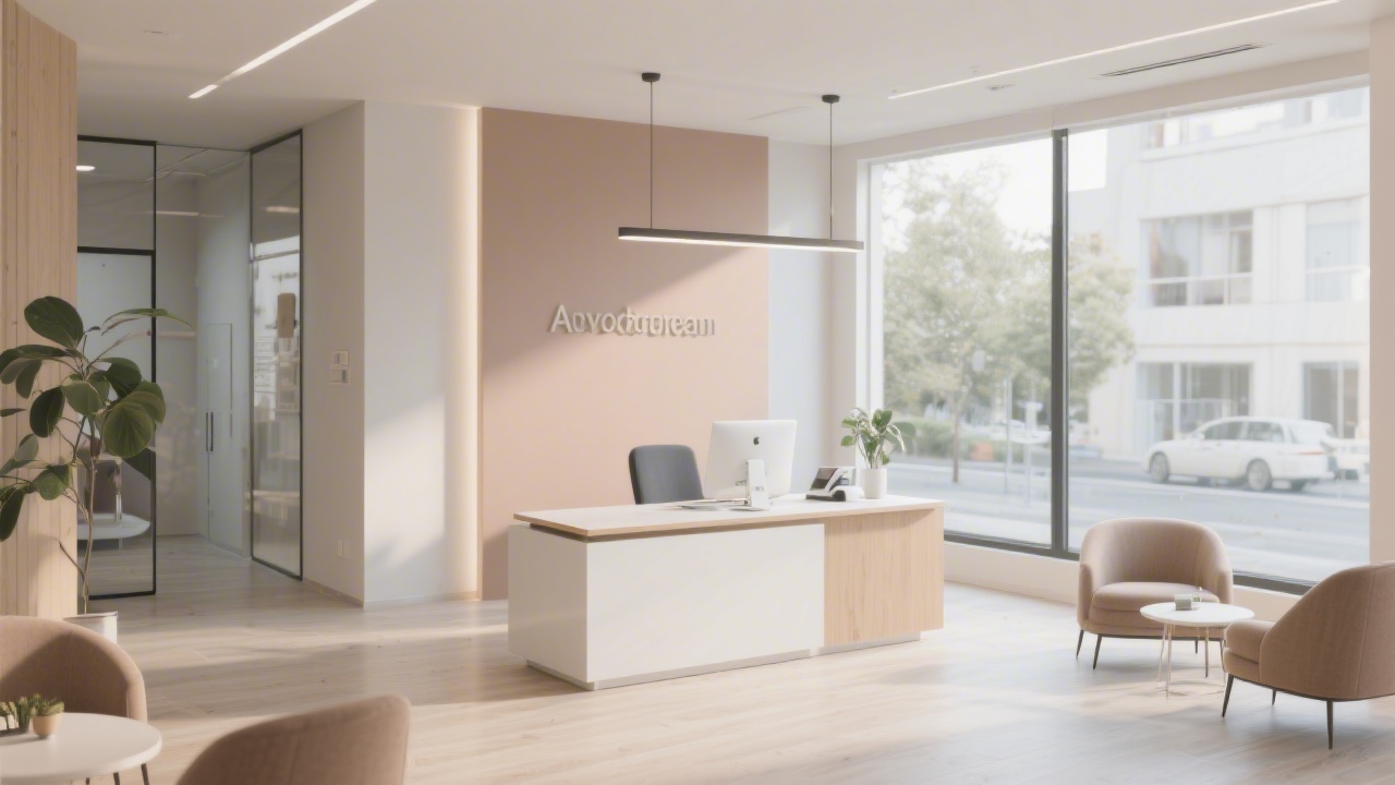 Modern reception area with neutral colors, a small desk and natural light, conveying a professional and approachable business environment for client communication.