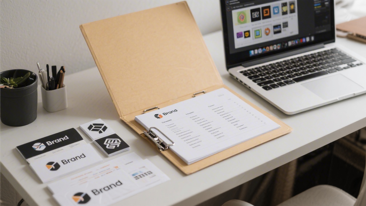 Open folder on a desk containing printed brand assets, logo files list, and a laptop showing exported image formats, representing a complete delivery package.