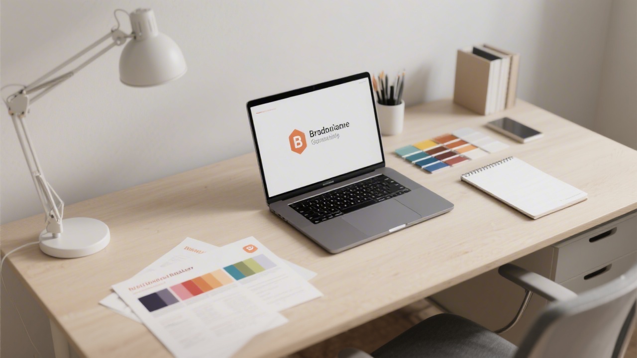 Modern office desk with laptop, printed brand guidelines, color swatches, and a clean notepad, showing a focused branding workspace with neutral light and minimalist tools.