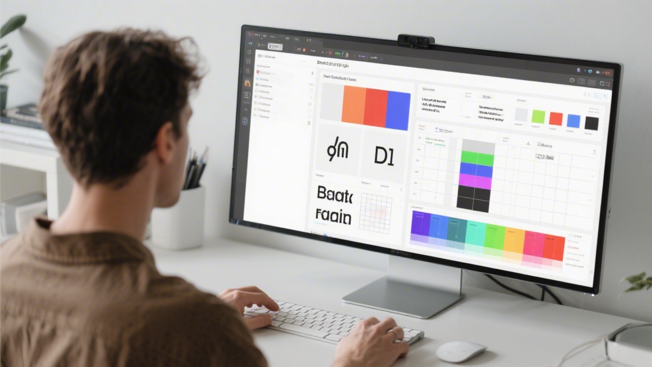 Designer working on a digital brand style guide on a large monitor, with typography samples, color palettes and layout grids arranged in a clean workspace.