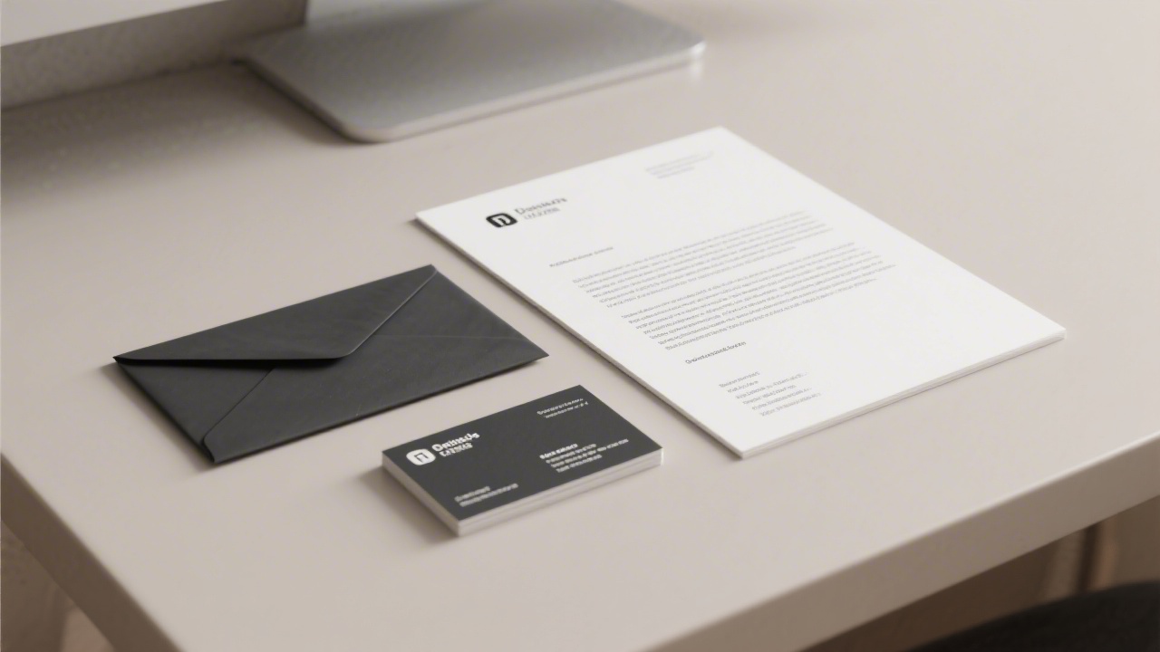 Set of business stationery mockups including business card, letterhead, and envelope placed on a neutral desk, presenting a consistent visual style.